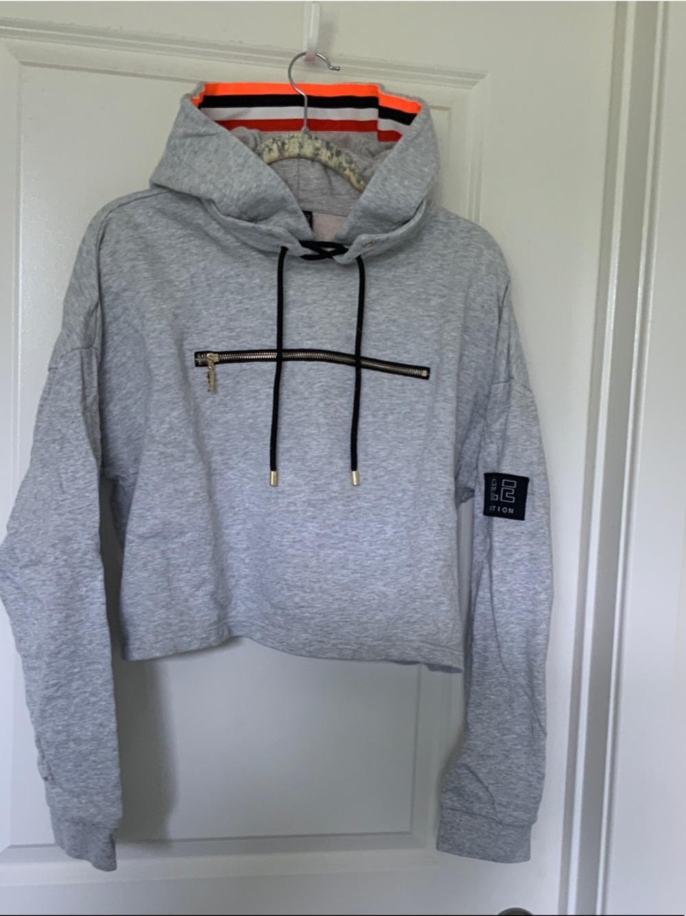 P.E Nation Gray Crop Hoodie with Black and Neon Orange Trim